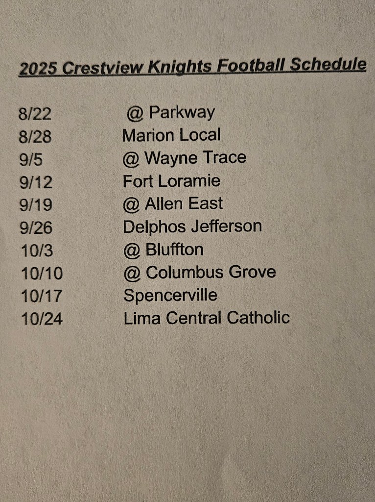 A printed document featuring the 2025 Crestview Knights football schedule with game dates and opponent names.