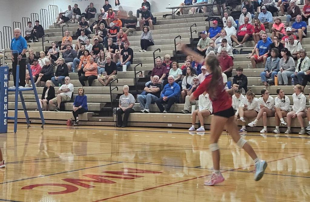 A volleyball player in a red jersey prepares to serve in a match, with a crowd of spectators in the background.