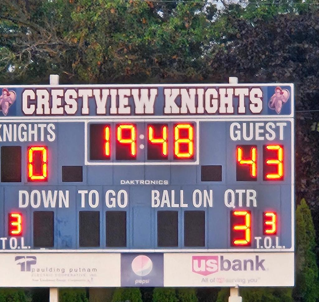 Scoreboard showing Crestview Knights 0, Guest 43, with 19:48 left in the third quarter.