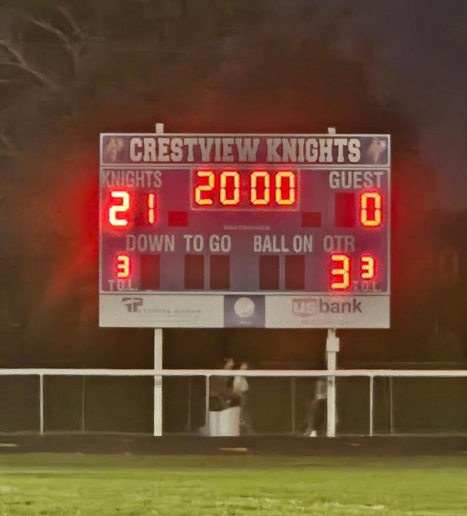 Scoreboard displaying Crestview Knights 21, Delphos Jefferson Wildcats 0 at halftime with 20 minutes remaining.