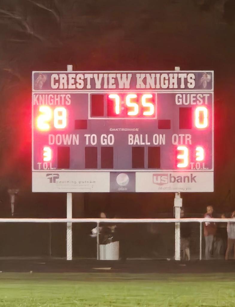 Crestview Knights scoreboard showing a score of 28-0 against the guest team, with 7:55 remaining in the third quarter.