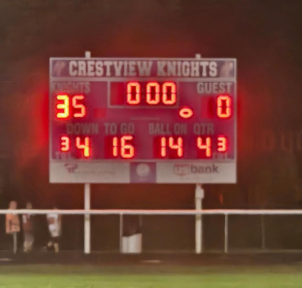 The scoreboard at a football game shows Crestview Knights leading 35-0 against the guest team, with 0:00 time remaining in the fourth quarter.