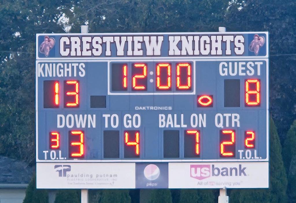 Scoreboard displaying Crestview Knights 13 and Guest 8 with 12:00 on the clock in the second quarter.