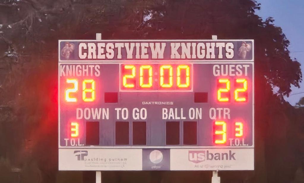 Scoreboard showing Crestview Knights 28 and Guest 22 as the 3rd quarter ends.