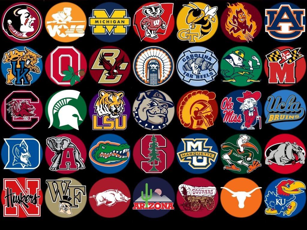 A collage of college football team logos, featuring various mascots and symbols representing teams from across the United States.