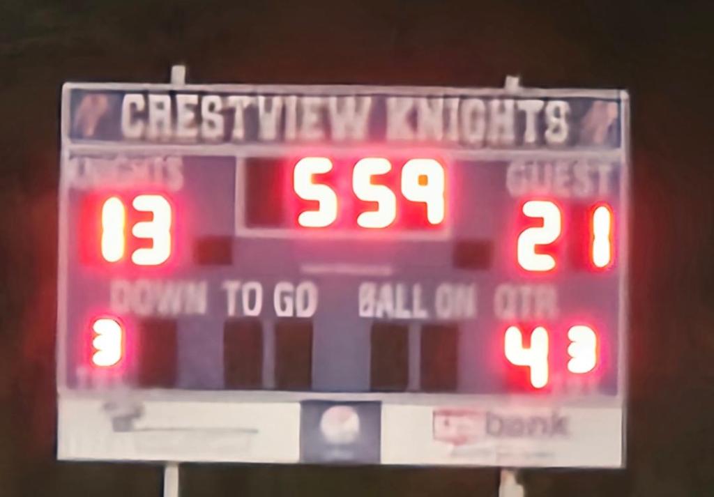 Scoreboard showing Knights 13, Thunderbirds 21 with 5:59 left in the 4th quarter.