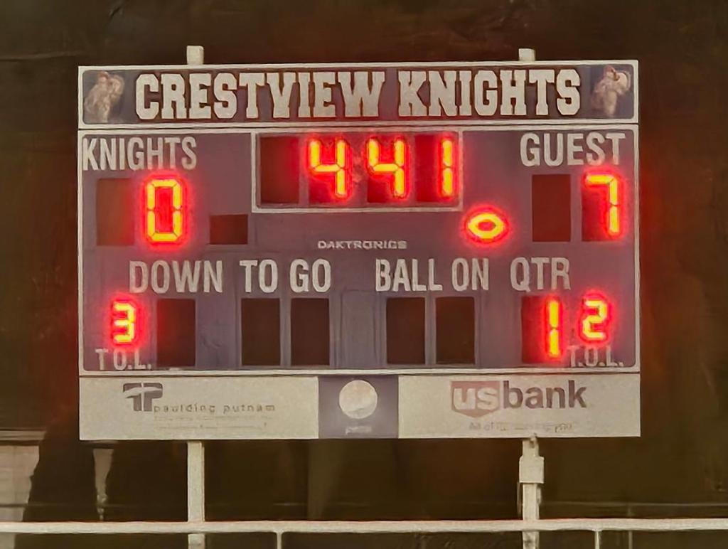 Scoreboard displaying Crestview Knights 0, Lima Central Catholic 7, with 4:41 remaining in the second quarter.