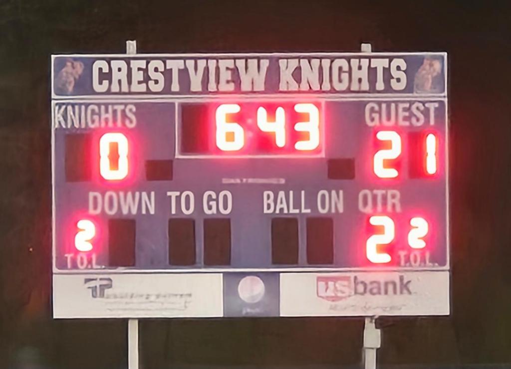 Scoreboard showing Crestview Knights 0 and Guest 21 during a football game in the second quarter.