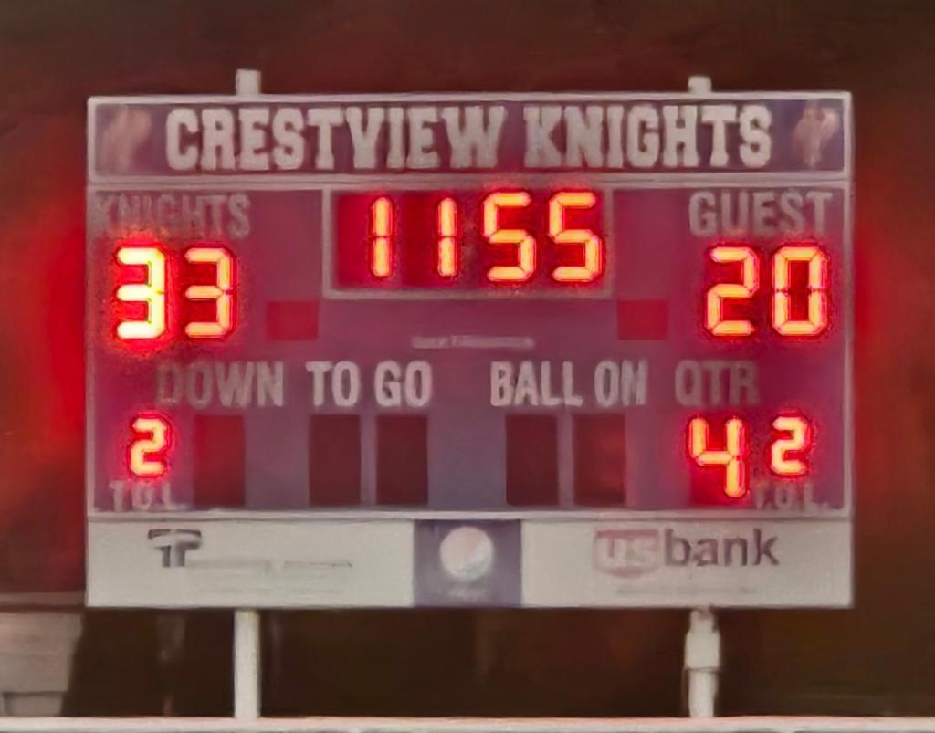 Scoreboard showing Crestview Knights 33, Guest 20, with 11:55 left in the fourth quarter and 2nd down.
