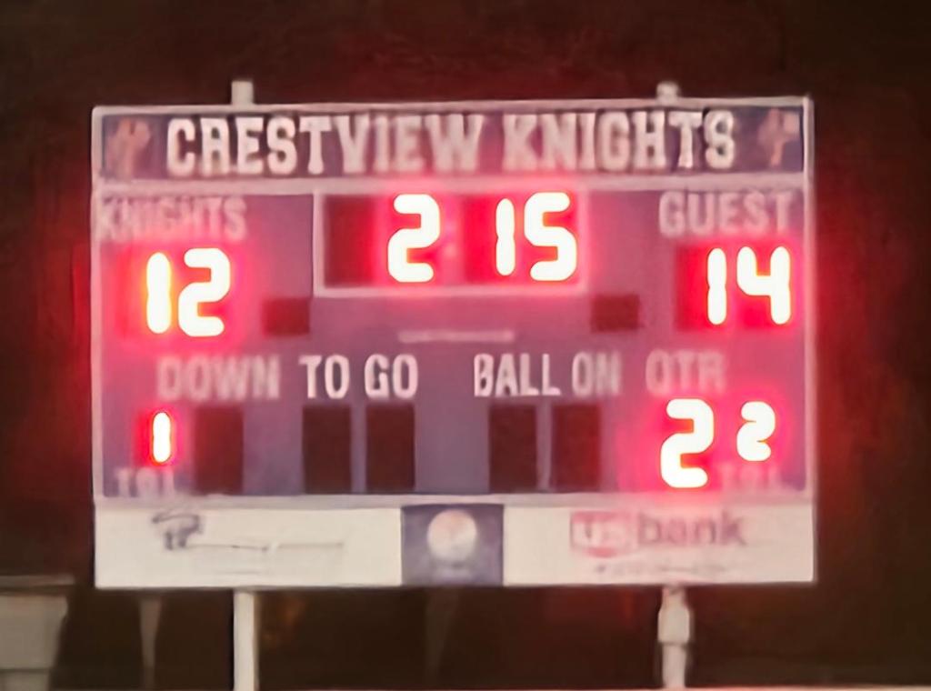 Scoreboard showing Crestview Knights with 12 points, Spencerville Bearcats with 14 points, in a high school football game.