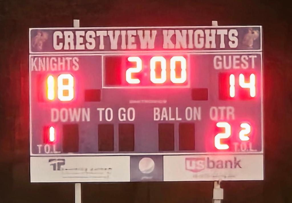 Scoreboard showing Crestview Knights 18, Guest 14, 2 minutes left in the second quarter.