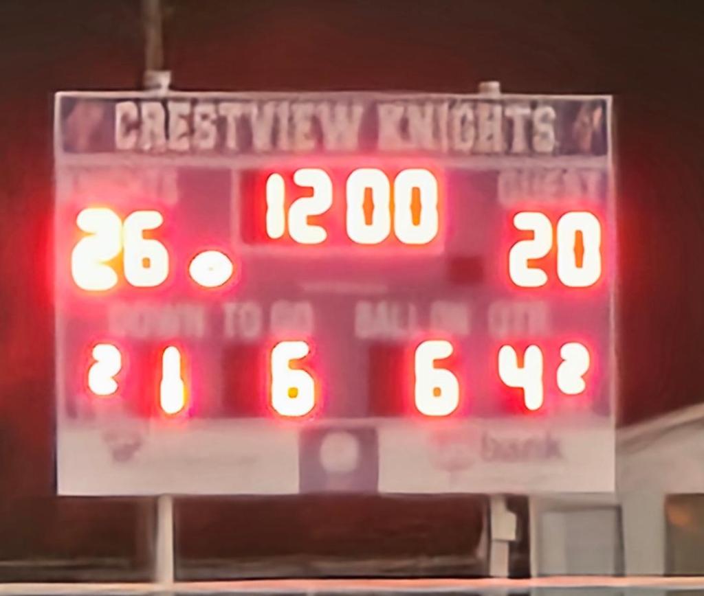 Scoreboard showing Crestview Knights 26, Spencerville Bearcats 20, with 12:00 left in the game.
