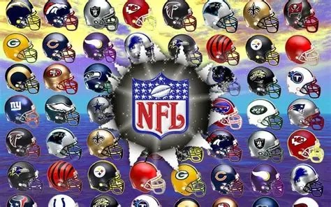 A collage of NFL team helmets arranged around a central NFL logo with a colorful background.
