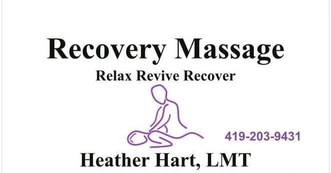 Business card for Recovery Massage featuring the tagline 'Relax Revive Recover', the name 'Heather Hart, LMT', and a contact number.