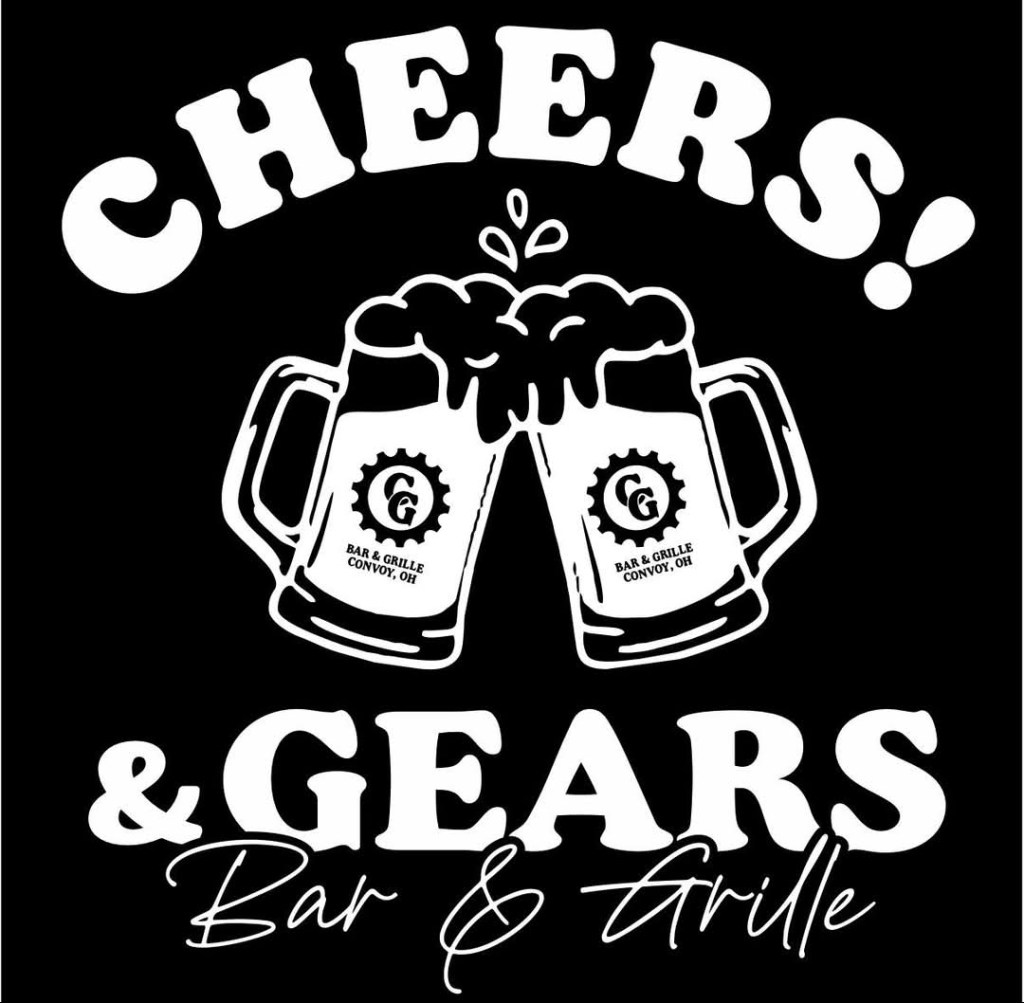 Illustration of two beer mugs clinking together with frothy beer spilling over, featuring the text 'CHEERS! & GEARS Bar & Grille' on a black background.