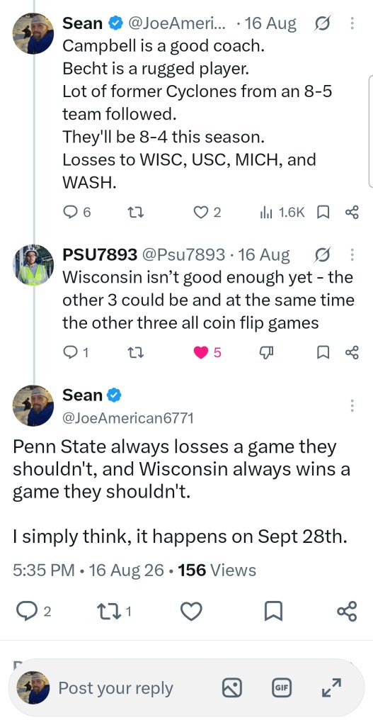 Twitter conversation discussing college football predictions and coaching strategies.