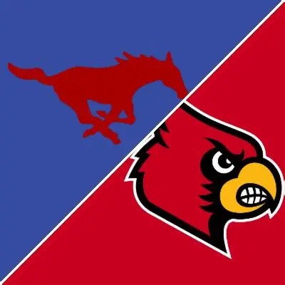 Image featuring the logos of Southern Methodist University (SMU) with a red mustang on a blue background and the University of Louisville with an angry cardinal on a red background, split diagonally.