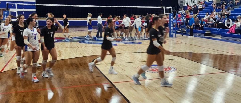 A group of female volleyball players walking on the court, with some teams in uniform and a crowd in the background in a sports arena.