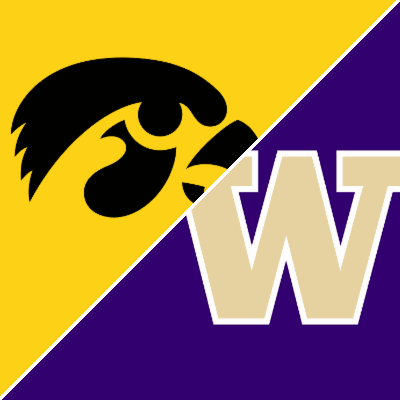 Split image featuring the logos of the University of Iowa and the University of Washington, with Iowa's black hawk logo on a yellow background and Washington's 'W' logo in beige on a purple background.