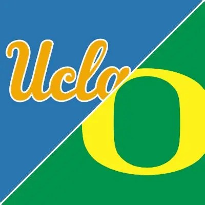 Graphic featuring the UCLA and Oregon logos split diagonally, with UCLA in blue and Oregon in green and yellow.