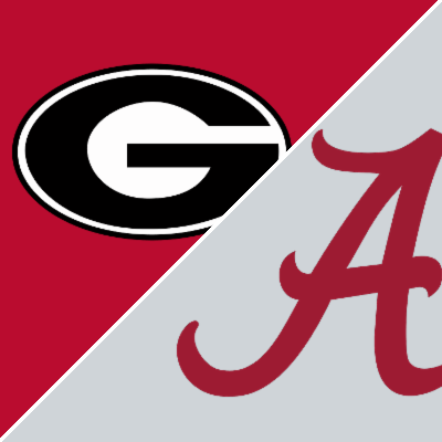 Logos of the University of Georgia (UGA) and the University of Alabama (UA) displayed diagonally, with UGA's red and black logo in the top half and UA's crimson and white logo in the bottom half.